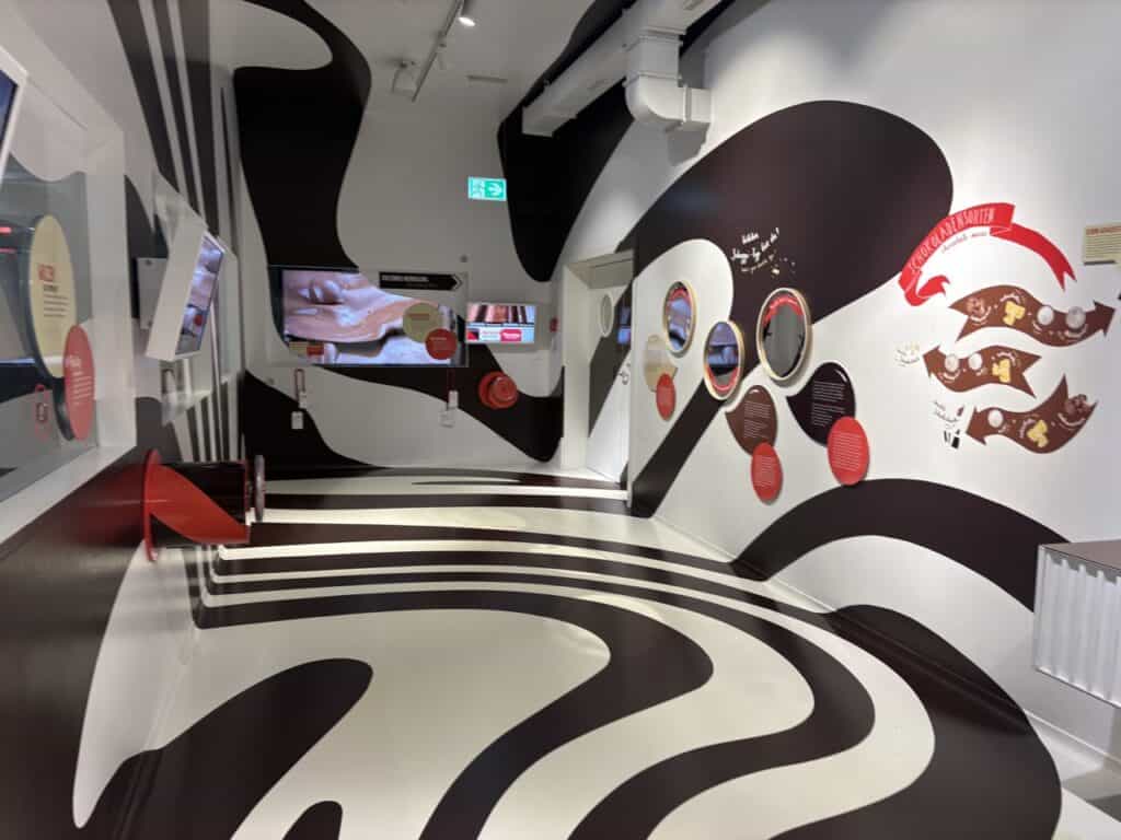 Inside the Chocolarium Maestrani Chocolate Factory Museum in Switzerland, where you learn how the happiness gets into the chocolate.