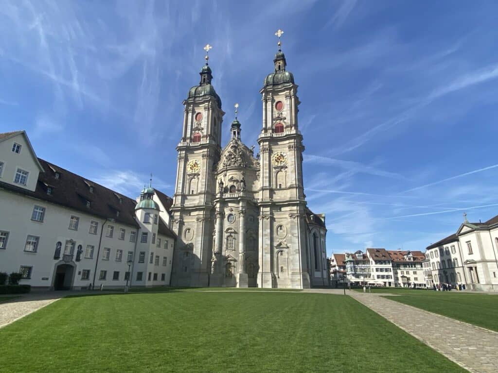 Baroque Cathedral of St. Gallen with twin towers in the Abbey district.