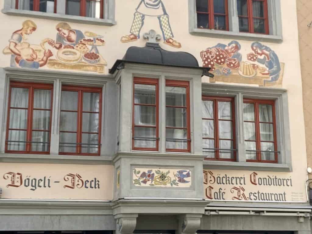 Traditional oriel window on building in St. Gallen Old Town Switzerland