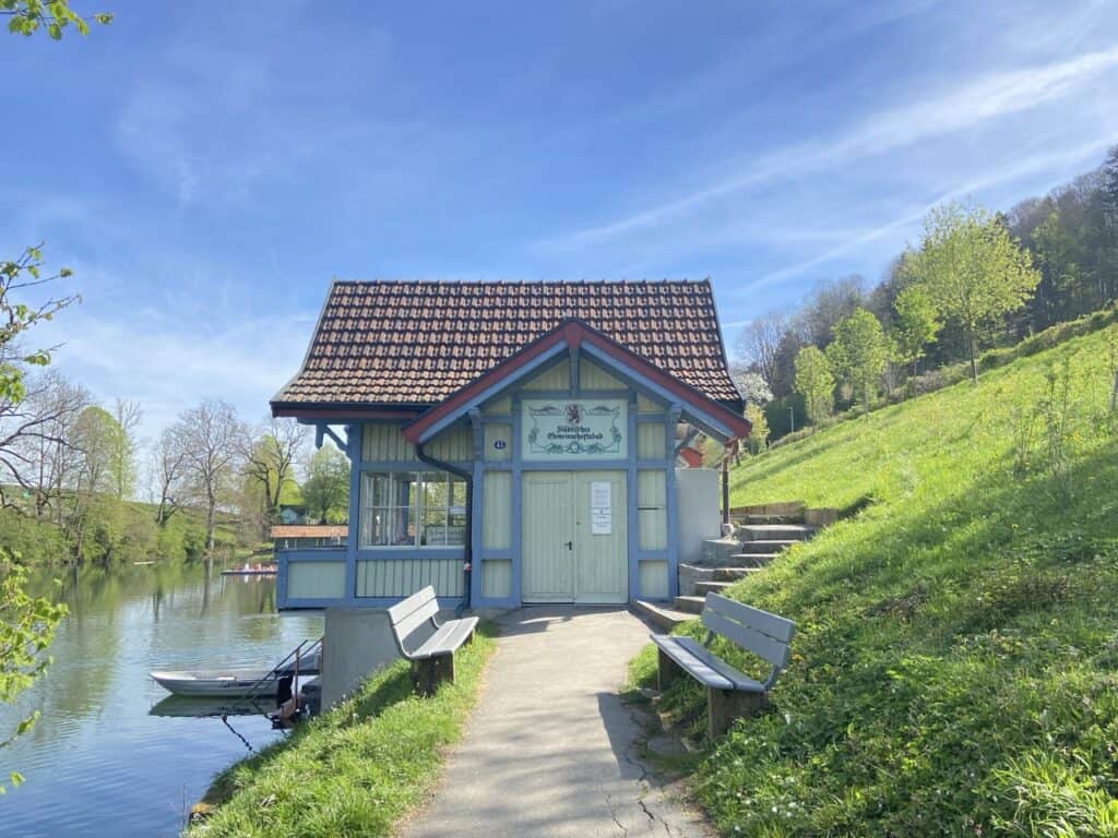 Art Nouveau bathhouse at Drei Weihern ponds in St. Gallen on a sunny day