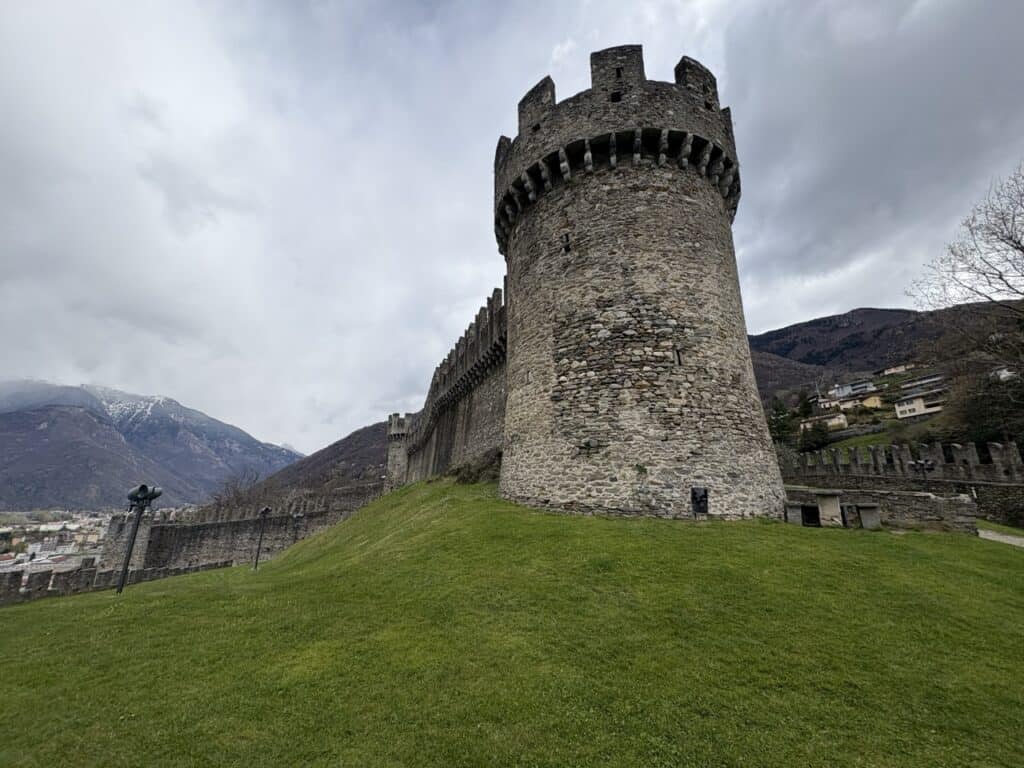 Tower and defensive walls of Montebello Castle in Bellinzona.