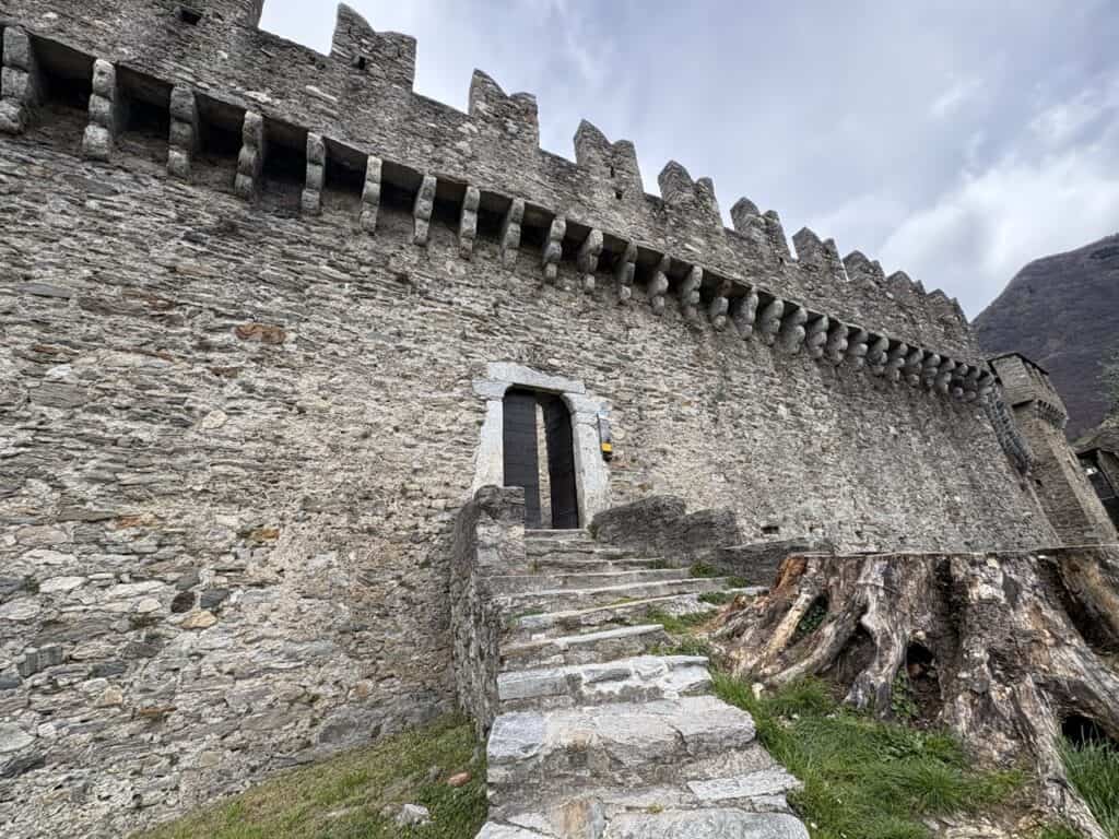 Stone steps leading up to Montebello Castle in Bellinzona, one stop along the Bellinzona castles hike.