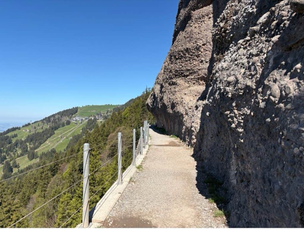 The Felsenweg Rock Trail carved into the mountainside between Rigi Scheidegg and Rigi Kaltbad.