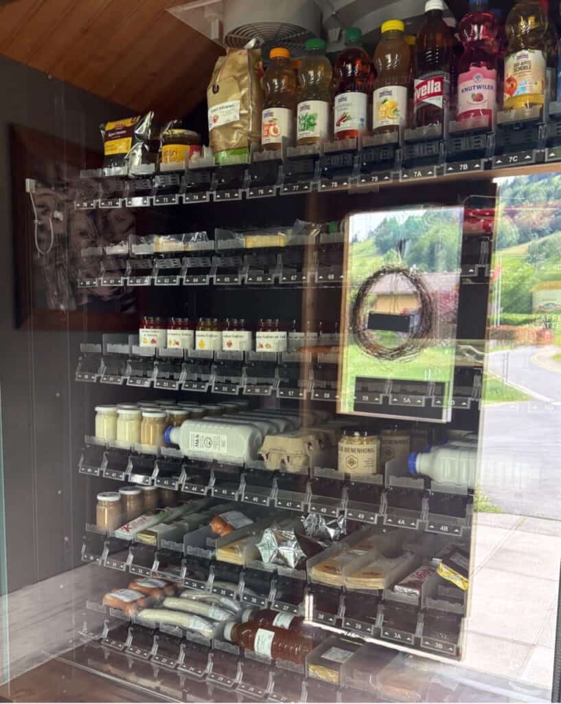 Inside the self-service farm shop Chilchbüelhof near Lake Aegeri selling local products, drinks, cheese and regional specialities.