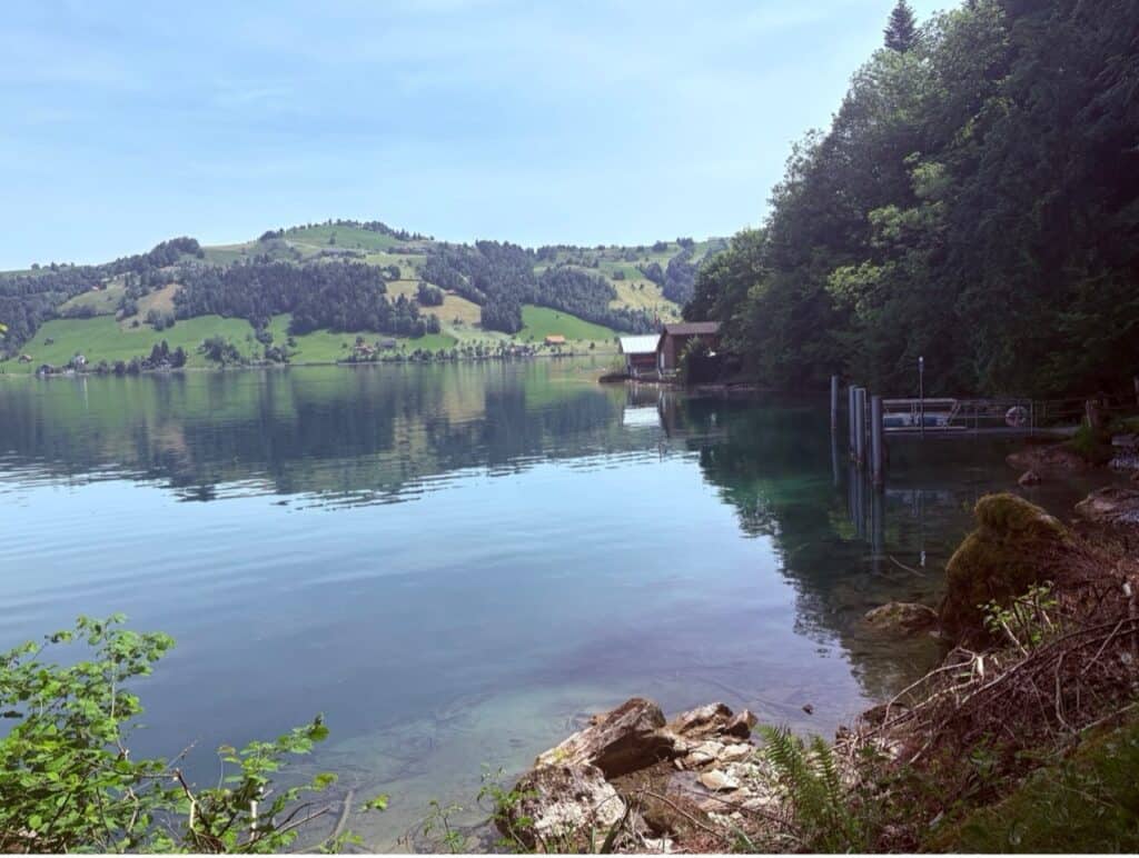 boat dock and boat houses at Lake Aegeri with green hills in the background
