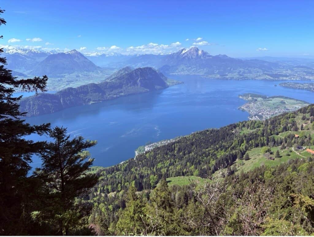 Spectacular view of Lake Lucerne and surrounding Swiss mountains from the Felsenweg Cliff Trail.