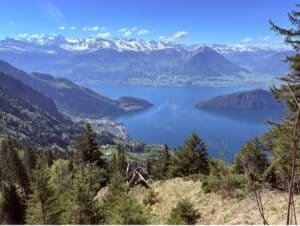 Spectacular mountain and lake view along the panoramic hiking trail between Rigi Scheidegg and Rigi Kaltbad in Switzerland.