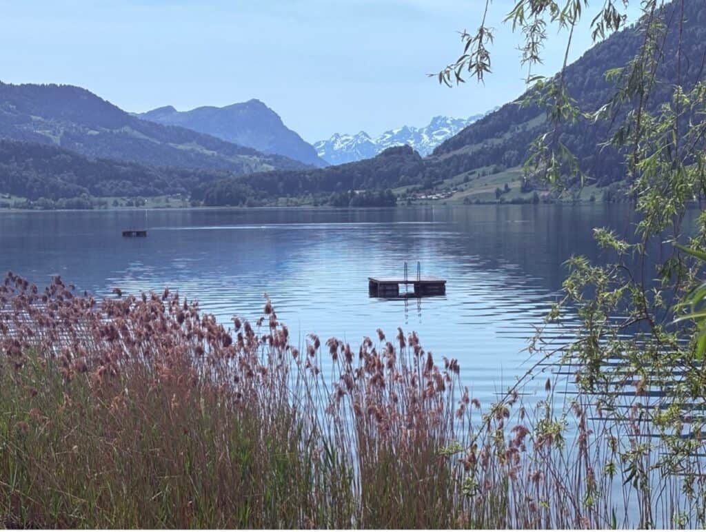 Lake Aegeri (Äegerisee) with green hills and snow-covered mountain peaks in the background.