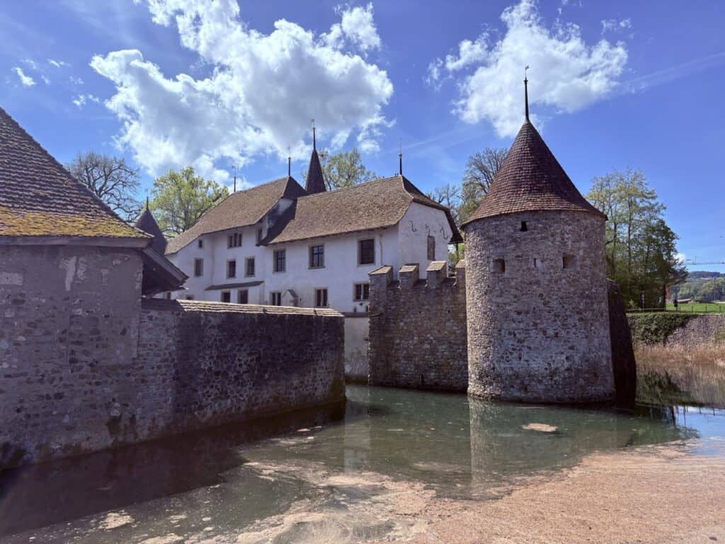 Exterior view of Hallwyl Castle (Schloss Hallwyl), a historic moated castle in the canton of Aargau, Switzerland.