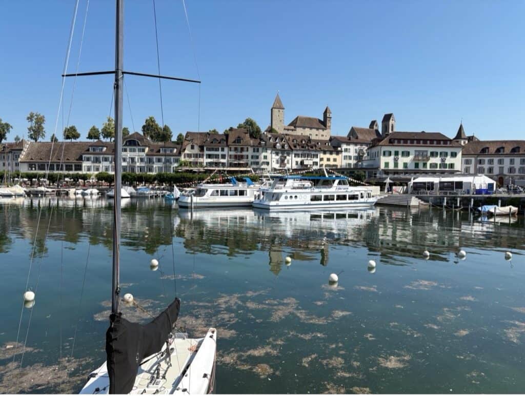 Sunny view of harbor, Rapperswil Old Town, and Rapperswil Castle at Lake Zurich. 