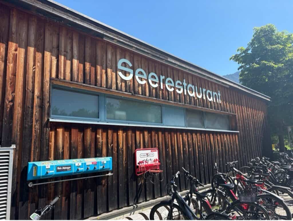 Wooden front of Seerestaurant in Seedorf at Lake Lucerne’s Urnersee along the Swiss path.   