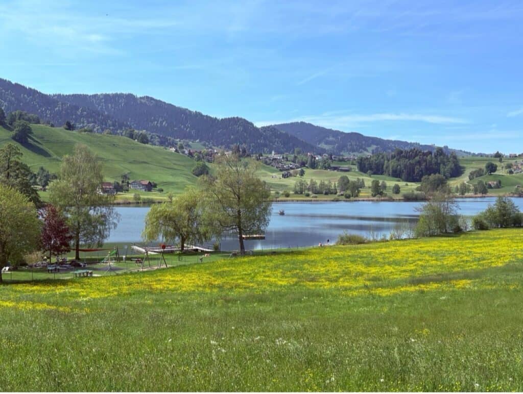 Strandbad Hüttnersee with grassy sunbathing area and tranquil lake surrounded by blooming meadows in spring. 