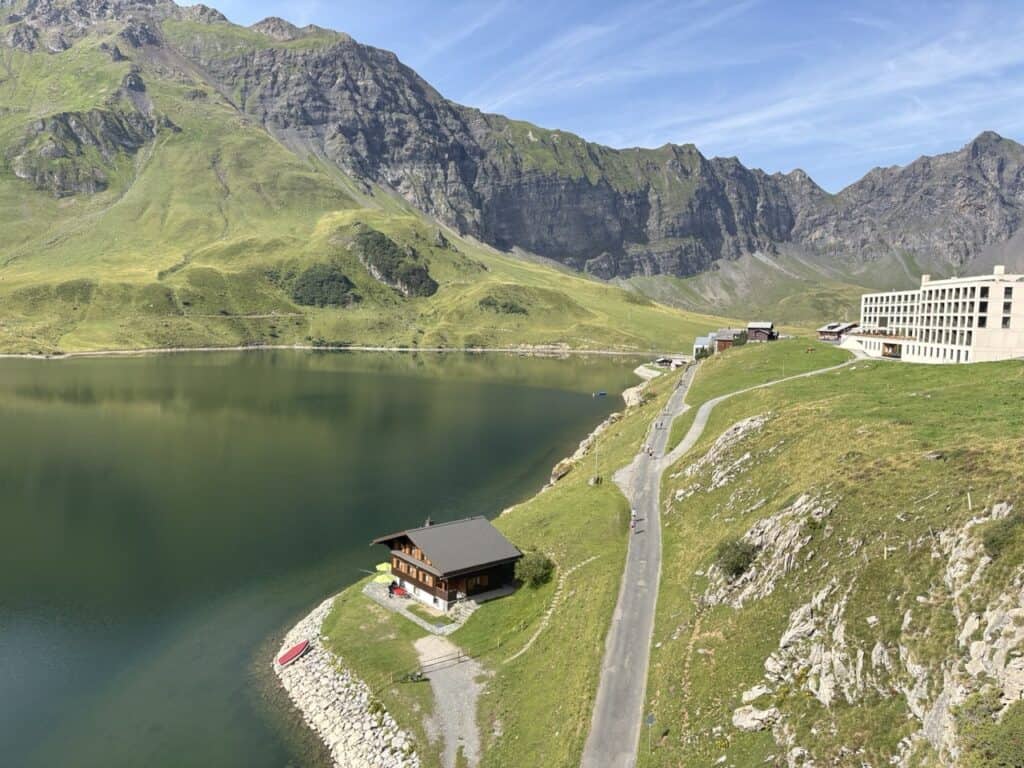 Melchsee-Frutt with the Fruit Mountain Resort overlooking Melchsee lake.