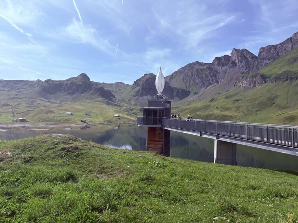 Panoramic lift at Melchsee-Frutt with view onto Melchsee lake and the surrounding mountains. 