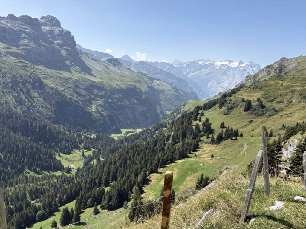 Breathtaking alpine landscape viewed from the hiking trail near Tannalp, with spectacular mountain scenery along the Four Lakes Hike in the Swiss Alps.