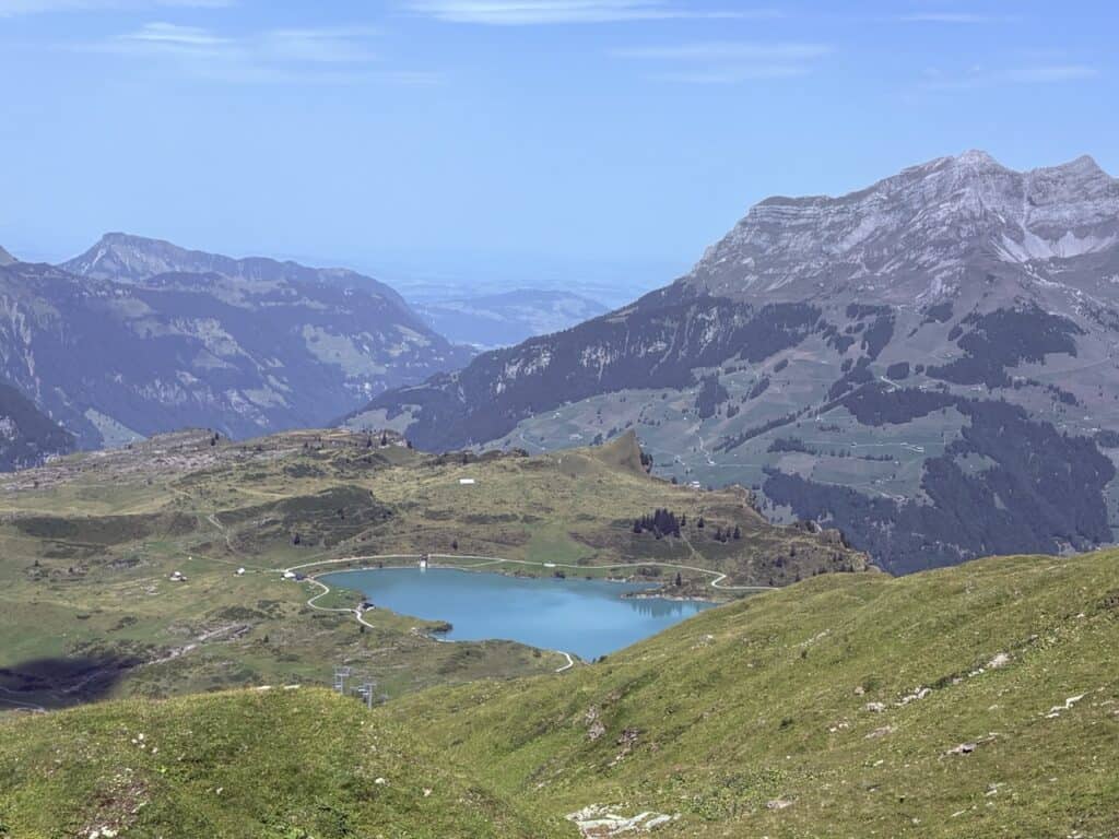 Beautiful Trübsee mountain lake near Engelberg, the fourth and final lake on the scenic Four Lakes Hike in the Swiss Alps.