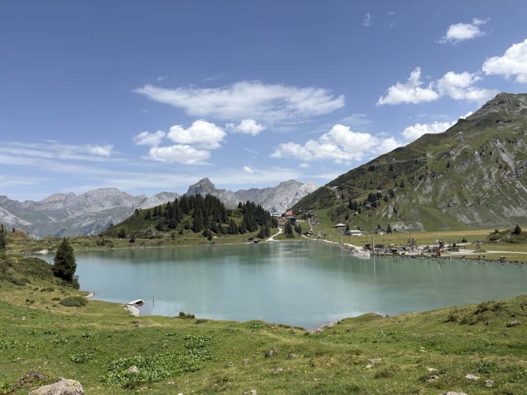 Beautiful Trübsee mountain lake near Engelberg, the fourth and final lake on the scenic Four Lakes Hike in the Swiss Alps.